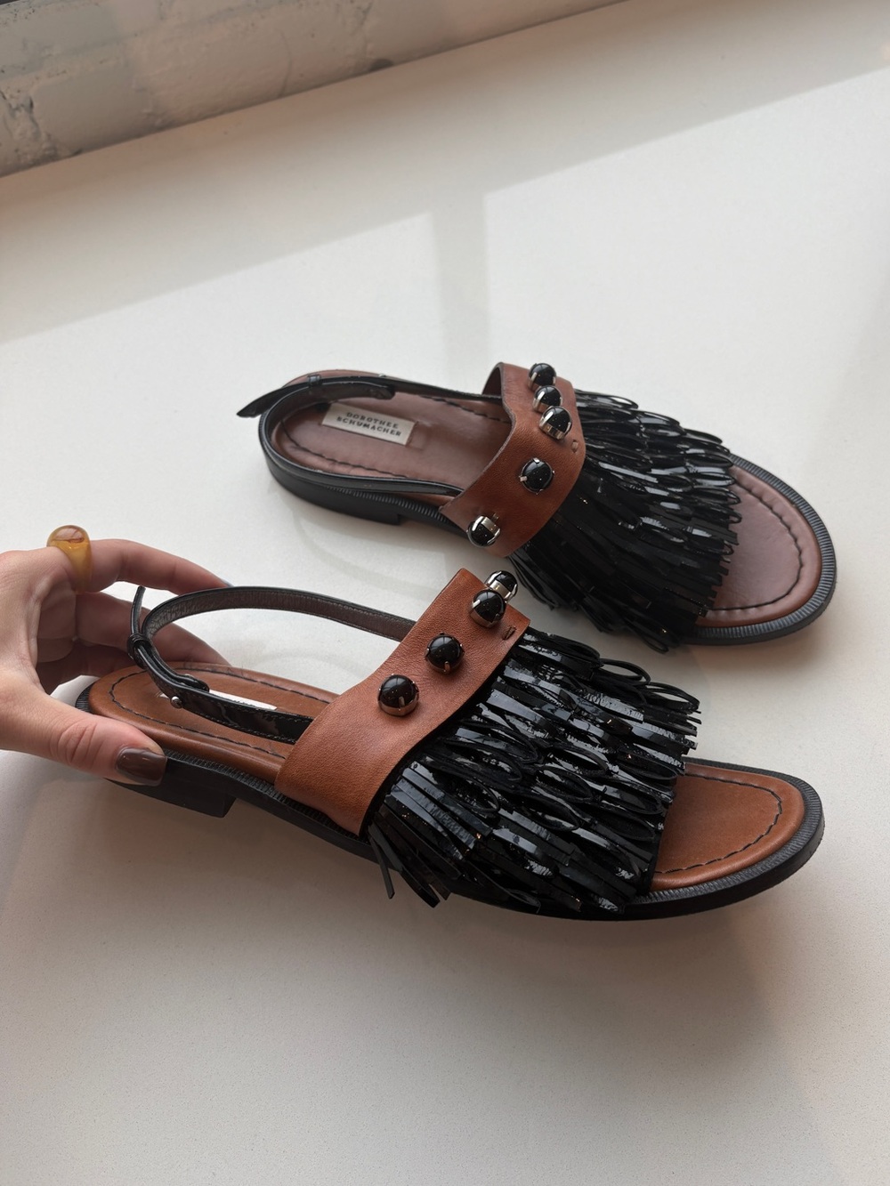 Black and Tan Fringe Sandal